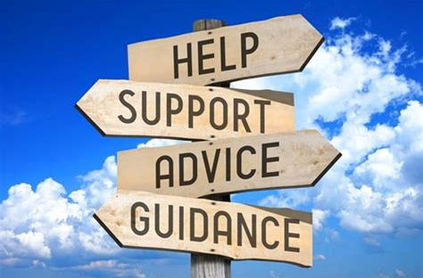 Signposts with the words Help, Support, Advice, and Guidance